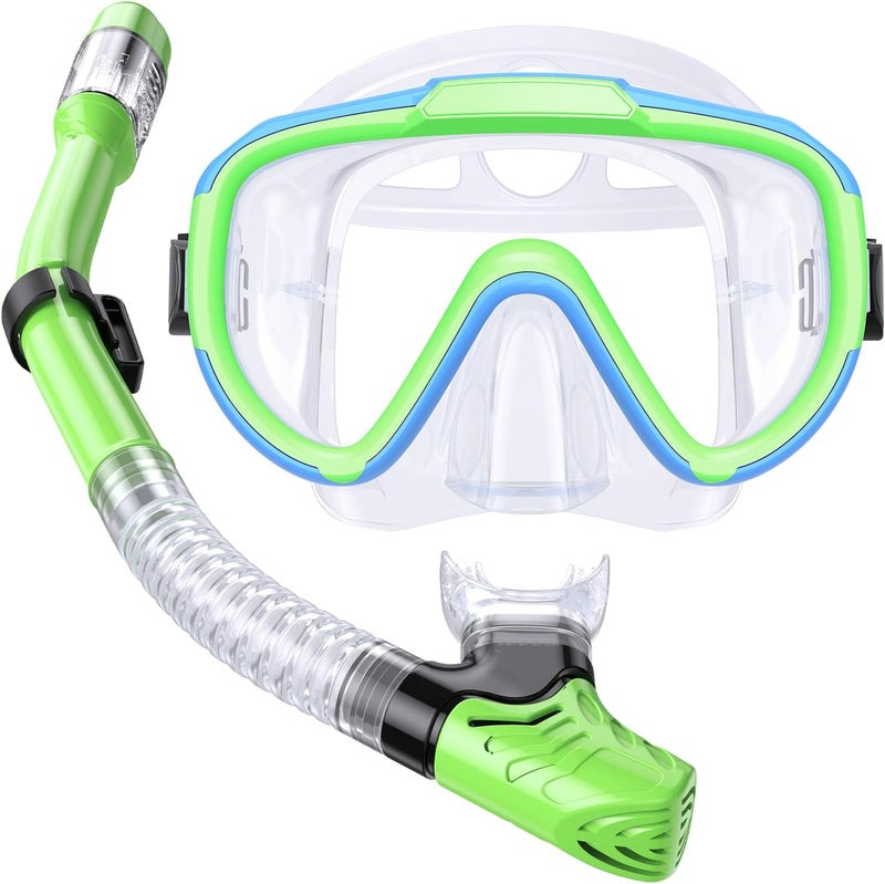 Seovediary Kids Snorkel Set, Anti-Fog Panoramic Tempered Glass Kids Snorkel mask, Anti-Leak Scuba Diving Mask with Mesh Bag, Dry Top Snorkeling Gear for Kids and Youth Age 4-16 - Image 1